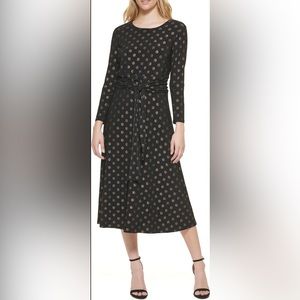 Tommy Hilfiger Black Midi Gold polka dot long sleeve dress size 2